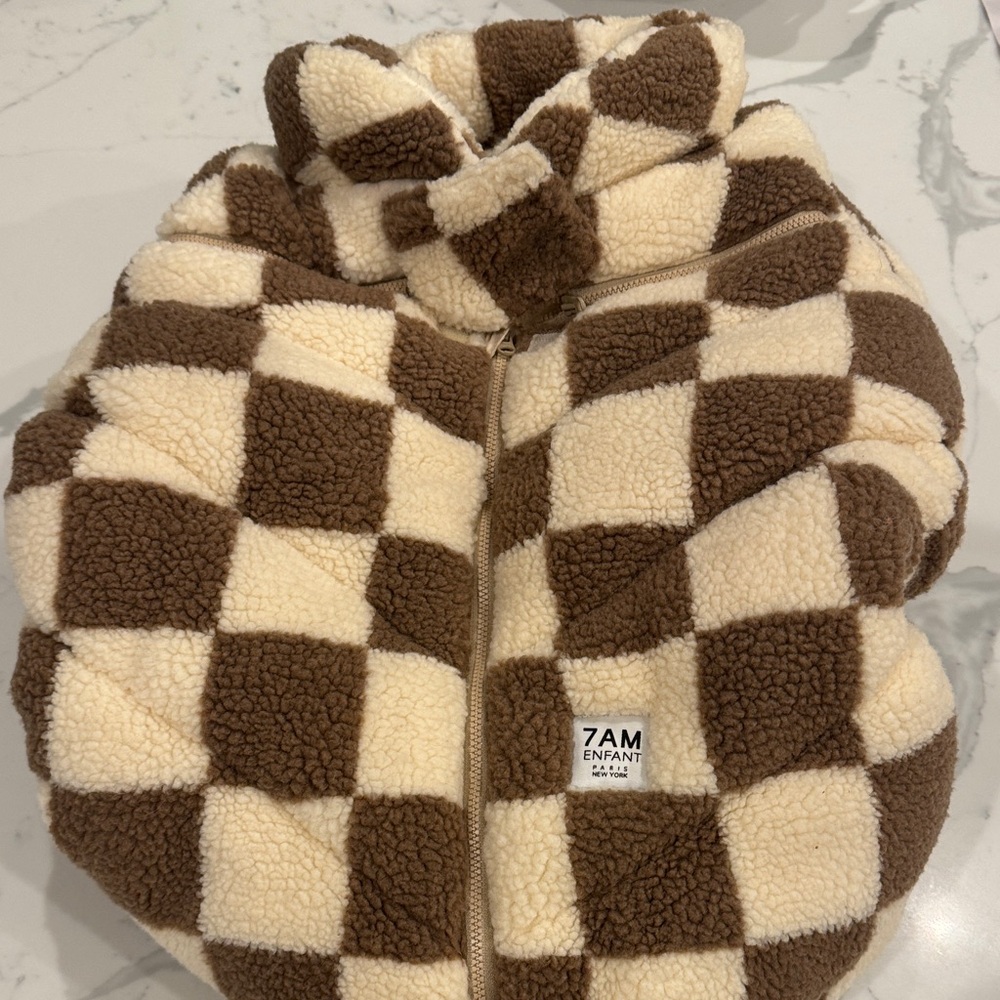 7AM Enfant Sherpa Checkerboard car seat cacoon - Cream & Brown